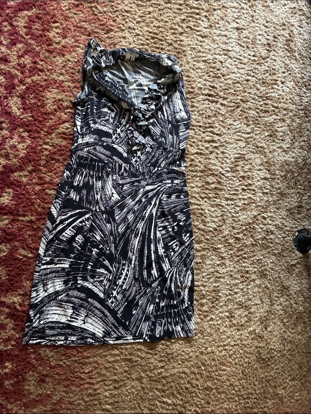 London Style Black & White Abstract Ruffle-Neck Midi Dress